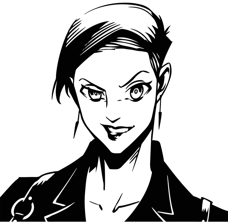Black and white illustration of Mel Aitchess showing someone with short hair swooping to the left and an undercut biting her lip with an eyebrow raised wearing long spike earrings, a harness, and black collared jacket.