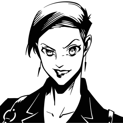 Black and white illustration of Mel Aitchess showing someone with short hair swooping to the left and an undercut biting her lip with an eyebrow raised wearing long spike earrings, a harness, and black collared jacket.